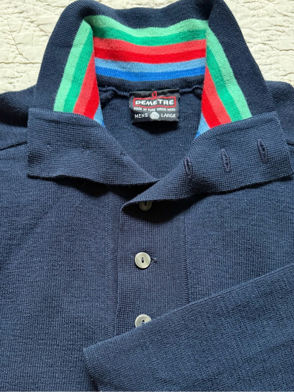 Vtg 70s DEMETRE Pure Virgin Wool Ski Sweater Men’s L Navy Rainbow Striped Mod